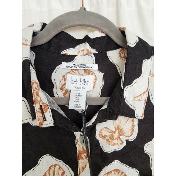 Nicolle Miller 100% linen Flax black white novelty clam shell print M Resort NWT - Picture 2 of 9